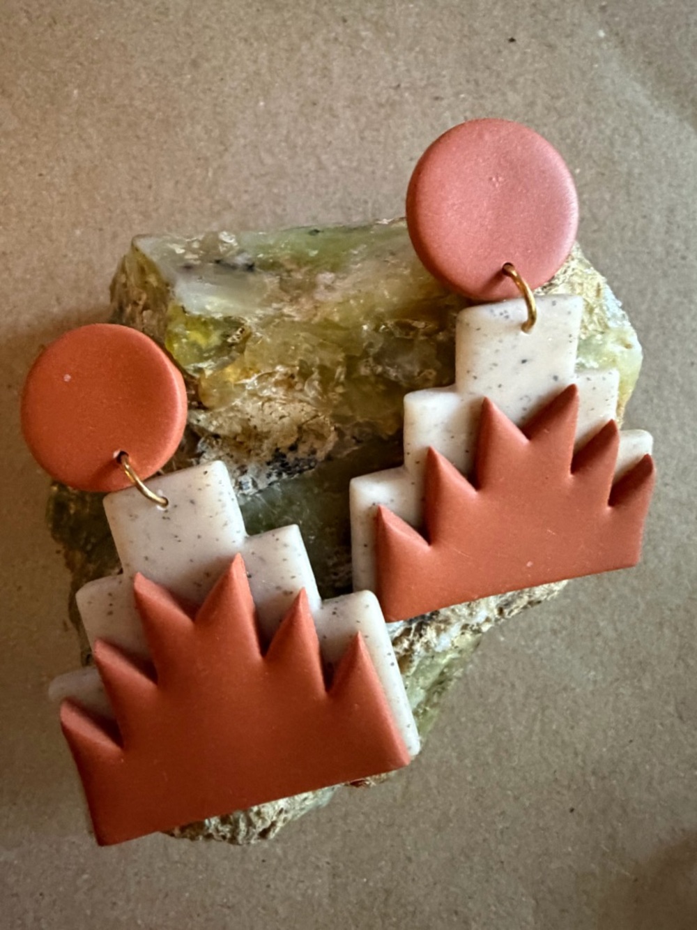 Handmade Clay Statement Earrings in Terracotta & Speckled Cream